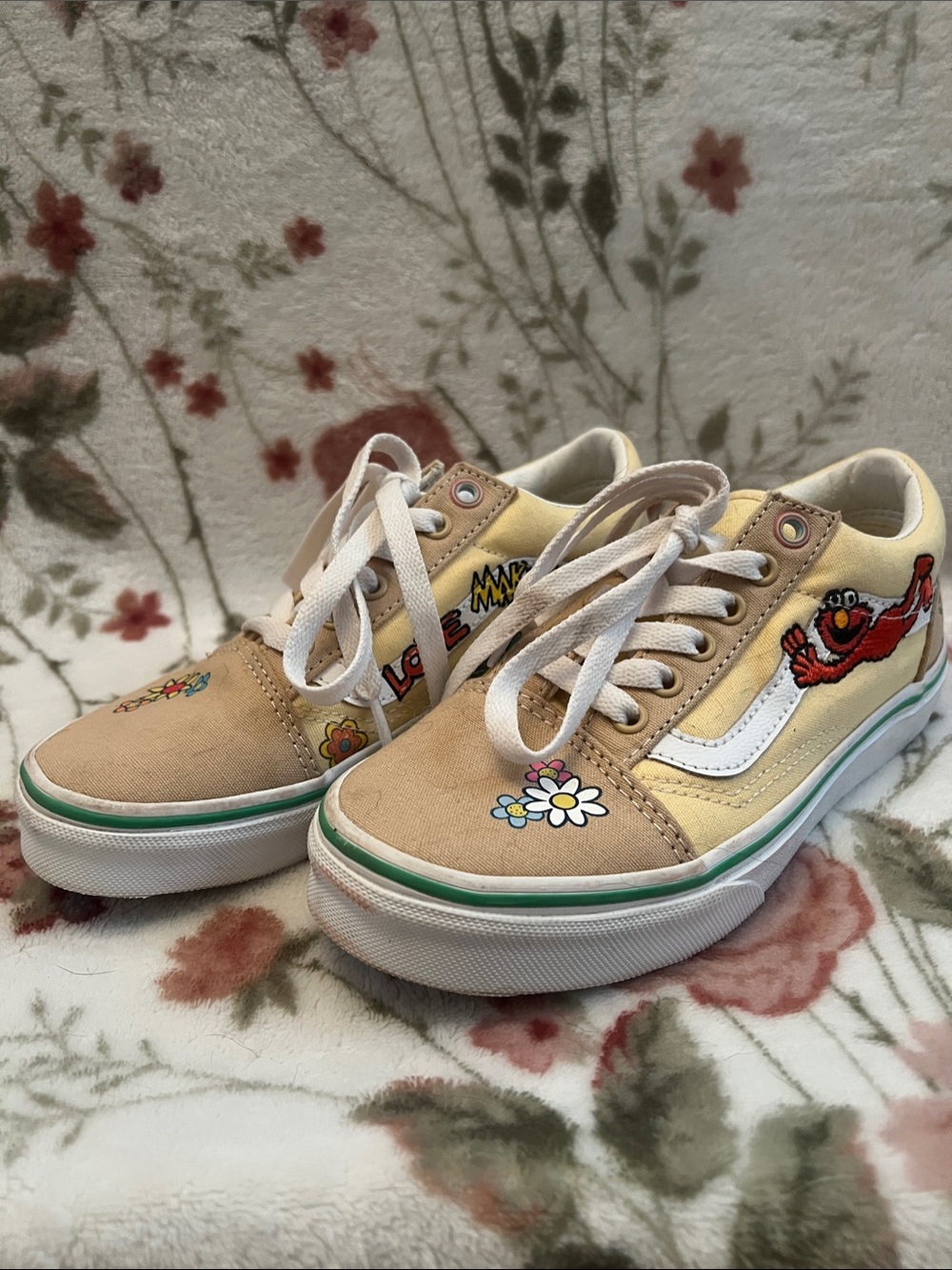 Vans Kids Beige & Yellow Skate Sneakers with Floral and Character Art